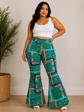 Bohemian Retro Floral Patchwork Flare Pants Wide Leg Bell Bottom XL